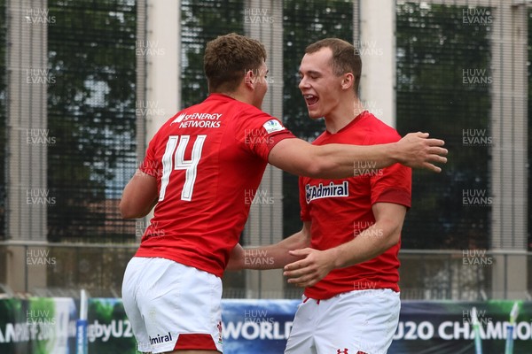 120618 -  Wales U20 v Argentina U20, World Rugby U20 Championship, 5th Place Semi Final - Corey Baldwin of Wales celebrates with Ioan Nicolas of Wales after he scores try from a cross field kick from Cai Evans of Wales