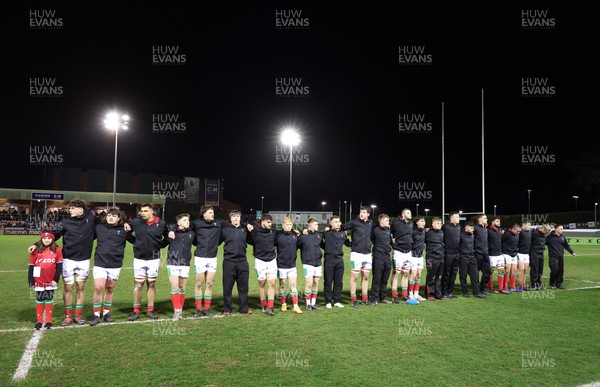 240223 - Wales U20 v England U20, U20 Six Nations 2023 - The Wales team line up for the anthem