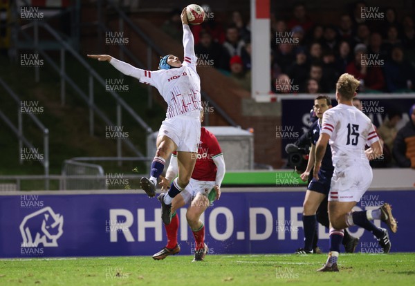 240223 - Wales U20 v England U20, U20 Six Nations 2023 - Josh Hathaway of England gives away a penalty try and is yellow carded after knocking the ball forward to prevent Oli Andrew of Wales scoring