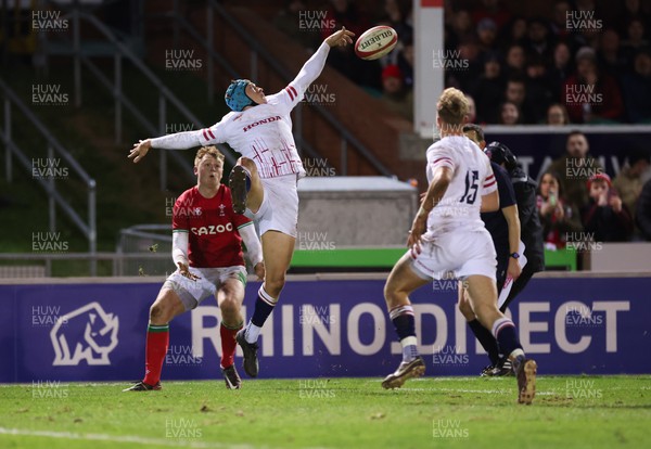 240223 - Wales U20 v England U20, U20 Six Nations 2023 - Josh Hathaway of England gives away a penalty try and is yellow carded after knocking the ball forward to prevent Oli Andrew of Wales scoring