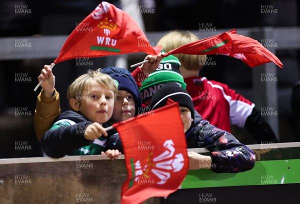 240223 - Wales U20 v England U20, U20 Six Nations 2023 - Young Welsh fans enjoy the match