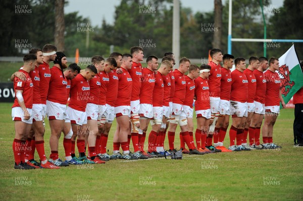 120619 - Wales U20 v Fiji U20 - World Rugby Under 20 Championship -  Wales U20 line up for the national anthem