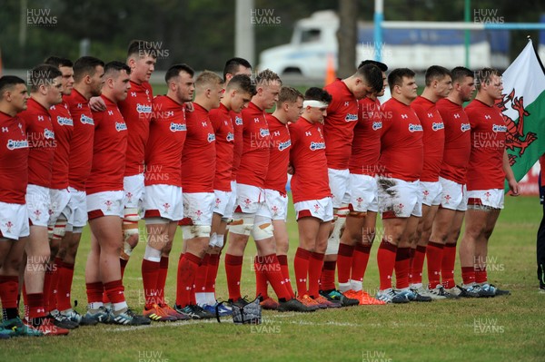 120619 - Wales U20 v Fiji U20 - World Rugby Under 20 Championship -  Wales U20 line up for the national anthem