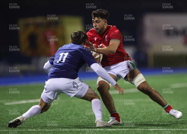 070324 - Wales U20 v France U20, U20 6 Nations - Lucas de la Rua of Wales takes on Nathan Bollengier of France