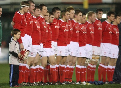14.03.08 ..  Wales U20 v France U20, U20 Six Nations, Newport -  The Welsh U20 team line up for the anthems 