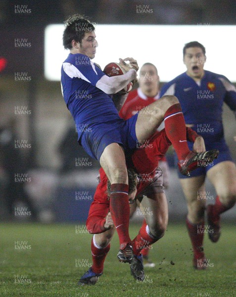 14.03.08 ..  Wales U20 v France U20, U20 Six Nations, Newport -  France's Julien Dumora is upended by Wales' Gareth Owen 