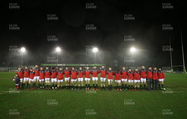 210220 - Wales U20 v France U20, U20 Six Nations Championship 2020 -  The Wales team lines up for the anthems
