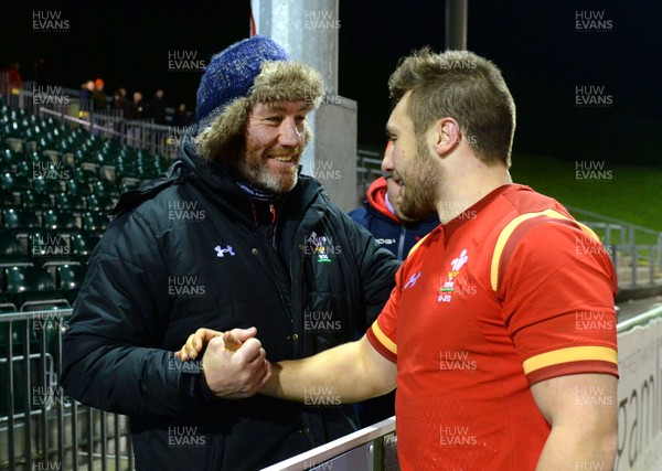 270216 - Wales Under 20 v France Under 20 - Under 20 Six Nations 2016 -Billy McBryde of Wales celebrates at the end of the game with his father Robin