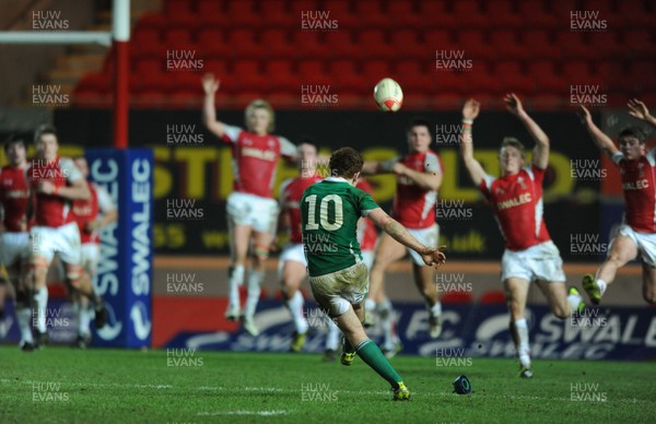 11.03.11 - Wales Under 20 v Ireland Under 20 - Under 20 Six Nations - Wales players attempt to charge down a conversion by Paddy Jackson of Ireland at the end of the game. 