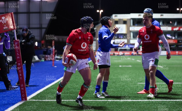 150324 - Wales U20 v Italy U20, U20 6 Nations - Kodi Stone of Wales celebrates after he dives in to score try