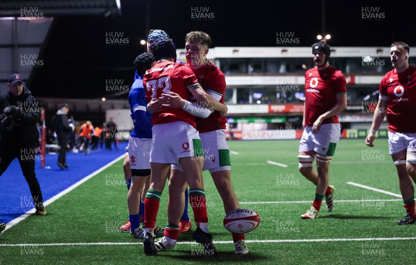 150324 - Wales U20 v Italy U20, U20 6 Nations - Kodi Stone of Wales celebrates after he dives in to score try