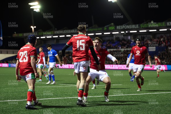 150324 - Wales U20 v Italy U20, U20 6 Nations - Matty Young of Wales celebrates after he dives in to score try