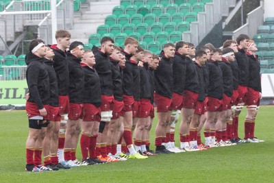 150326 - Wales v Italy, U20 Six Nations 2026 - The Wales team line up for the anthem