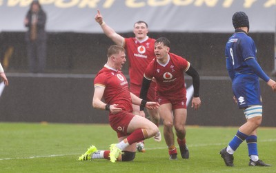 150326 - Wales v Italy, U20 Six Nations 2026 - Lewis Edwards of Wales celebrates after scoring try