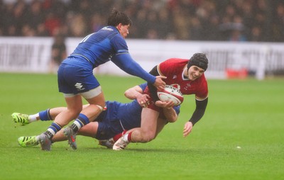 150326 - Wales v Italy, U20 Six Nations 2026 - Osian Darwin-Lewis of Wales is tackled