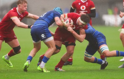 150326 - Wales v Italy, U20 Six Nations 2026 - Deian Gwynne of Wales charges at the Italian dsefence