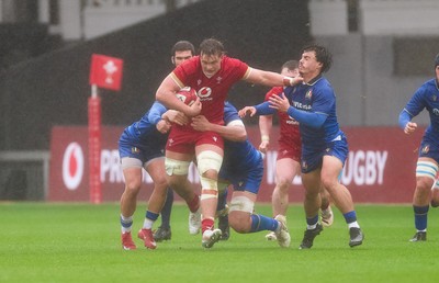 150326 - Wales v Italy, U20 Six Nations 2026 - Dom Kossuth of Wales charges forward