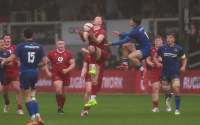 150326 - Wales v Italy, U20 Six Nations 2026 - Lewis Edwards of Wales takes the ball