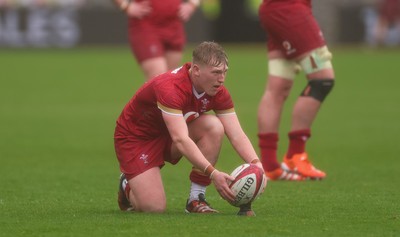 150326 - Wales v Italy, U20 Six Nations 2026 - Lloyd Lucas of Wales kicks penalty