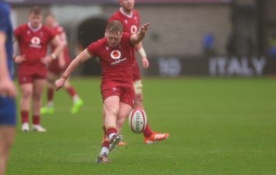 150326 - Wales v Italy, U20 Six Nations 2026 - Lloyd Lucas of Wales kicks penalty