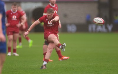150326 - Wales v Italy, U20 Six Nations 2026 - Lloyd Lucas of Wales kicks penalty