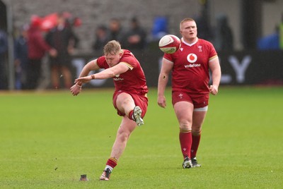 150326 - Wales v Italy, U20 Six Nations 2026 - Lloyd Lucas of Wales kicks a penalty