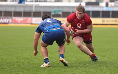 150326 - Wales v Italy, U20 Six Nations 2026 - Isaac Godfrey of Wales charges for the line