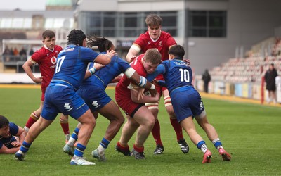 150326 - Wales v Italy, U20 Six Nations 2026 - Isaac Godfrey of Wales charges for the line