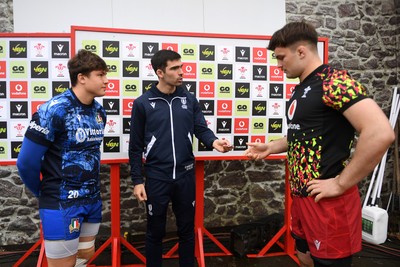 150326 - Wales U20 v Italy U20 - U20 Six Nations Championship - Riccardo Casarin of italy and Deian Gwynne of Wales at the coin toss