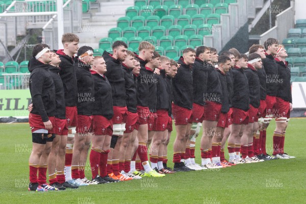 150326 - Wales v Italy, U20 Six Nations 2026 - The Wales team line up for the anthem