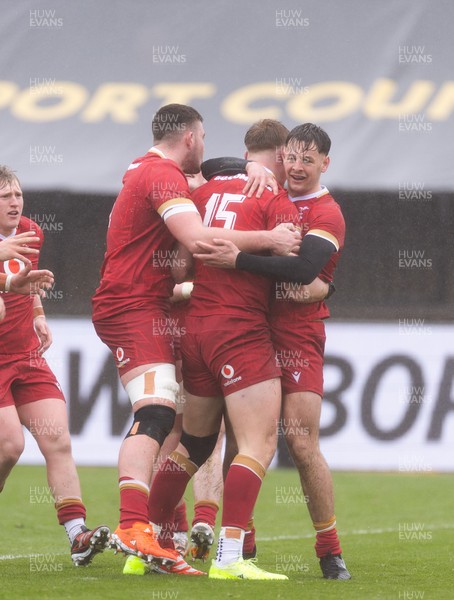 150326 - Wales v Italy, U20 Six Nations 2026 - Lewis Edwards of Wales celebrates after scoring try
