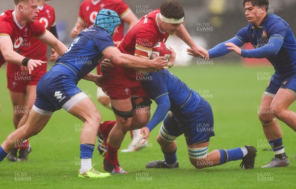 150326 - Wales v Italy, U20 Six Nations 2026 - Deian Gwynne of Wales charges at the Italian dsefence