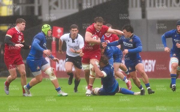 150326 - Wales v Italy, U20 Six Nations 2026 - Dom Kossuth of Wales charges forward