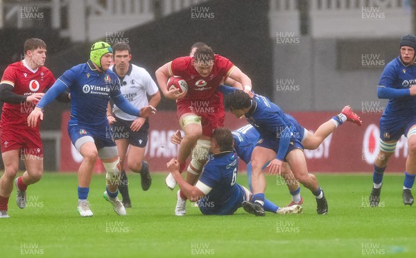 150326 - Wales v Italy, U20 Six Nations 2026 - Dom Kossuth of Wales charges forward