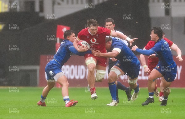 150326 - Wales v Italy, U20 Six Nations 2026 - Dom Kossuth of Wales charges forward