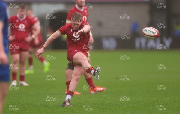 150326 - Wales v Italy, U20 Six Nations 2026 - Lloyd Lucas of Wales kicks penalty