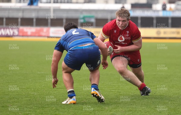 150326 - Wales v Italy, U20 Six Nations 2026 - Isaac Godfrey of Wales charges for the line