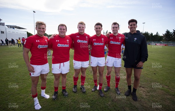 170618 - Wales U20 v Italy U20, World Rugby U20 Championship 7th Place Play Off -  Left to right, Harri Morgan, Rhys Henry, Dewi Lake, Dewi Cross, Cai Evans and Tiaan Thomas-Wheeler at the end of the match
