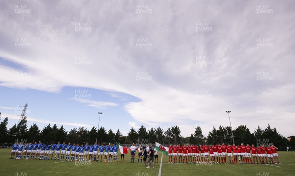 170618 - Wales U20 v Italy U20, World Rugby U20 Championship 7th Place Play Off - The Welsh and Italian teams line up for the anthems