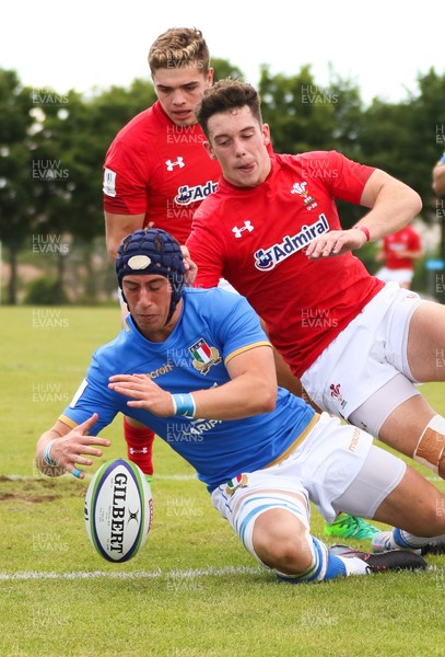 170618 - Wales U20 v Italy U20, World Rugby U20 Championship 7th Place Play Off - Michelangelo Biondelli of Italy is put under pressure by Joe Goodchild of Wales and Corey Baldwin of Wales