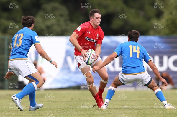 170618 - Wales U20 v Italy U20, World Rugby U20 Championship 7th Place Play Off - Joe Goodchild of Wales takes on Alessandro Fusco of Italy and Matteo Moscardi of Italy