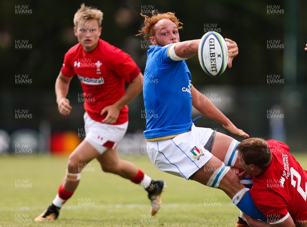 170618 - Wales U20 v Italy U20, World Rugby U20 Championship 7th Place Play Off -  Antoine Koffi of Italy is tackled by Dewi Lake of Wales