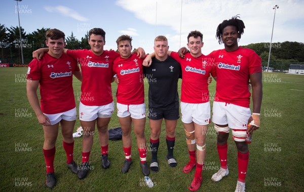 170618 - Wales U20 v Italy U20, World Rugby U20 Championship 7th Place Play Off -  Left to right, Lennon Greggains, Chris Coleman, Taine Basham, Ben Fry, Joe Goodchild and Max Williams at the end of the match