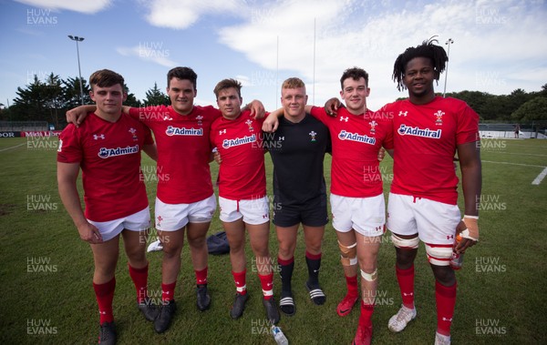 170618 - Wales U20 v Italy U20, World Rugby U20 Championship 7th Place Play Off -  Left to right, Lennon Greggains, Chris Coleman, Taine Basham, Ben Fry, Joe Goodchild and Max Williams at the end of the match