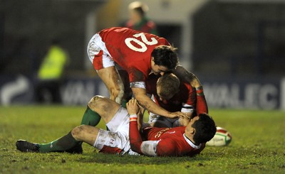 19.03.10 - Wales Under 20 v Italy Under 20 - Under 20 Six Nations 2010 - Dan Fish(middle) of Wales celebrates his try with Kristian Phillips(ground) and Rhys Downes 