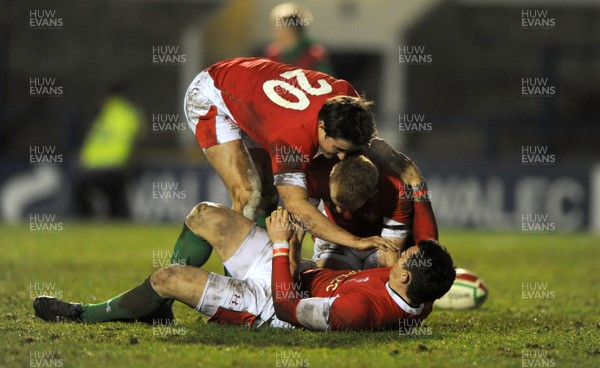 19.03.10 - Wales Under 20 v Italy Under 20 - Under 20 Six Nations 2010 - Dan Fish(middle) of Wales celebrates his try with Kristian Phillips(ground) and Rhys Downes 
