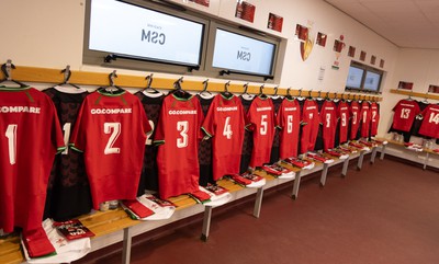 020224 - Wales v Scotland, U20 6 Nations 2024 - Wales shirts hang in the changing room ahead of the match