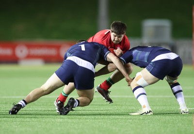 020224 - Wales v Scotland, U20 6 Nations 2024 - Harry Thomas of Wales takes on Robbie Deans of Scotland and Tom Currie of Scotland