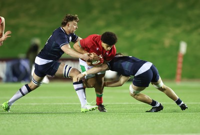 020224 - Wales v Scotland, U20 6 Nations 2024 - Jordan Morris of Wales crashes at the Scottish defence