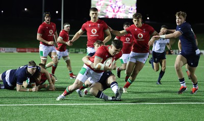 020224 - Wales v Scotland, U20 6 Nations 2024 - Harri Ackerman of Wales powers over to score but the try is dis-allowed